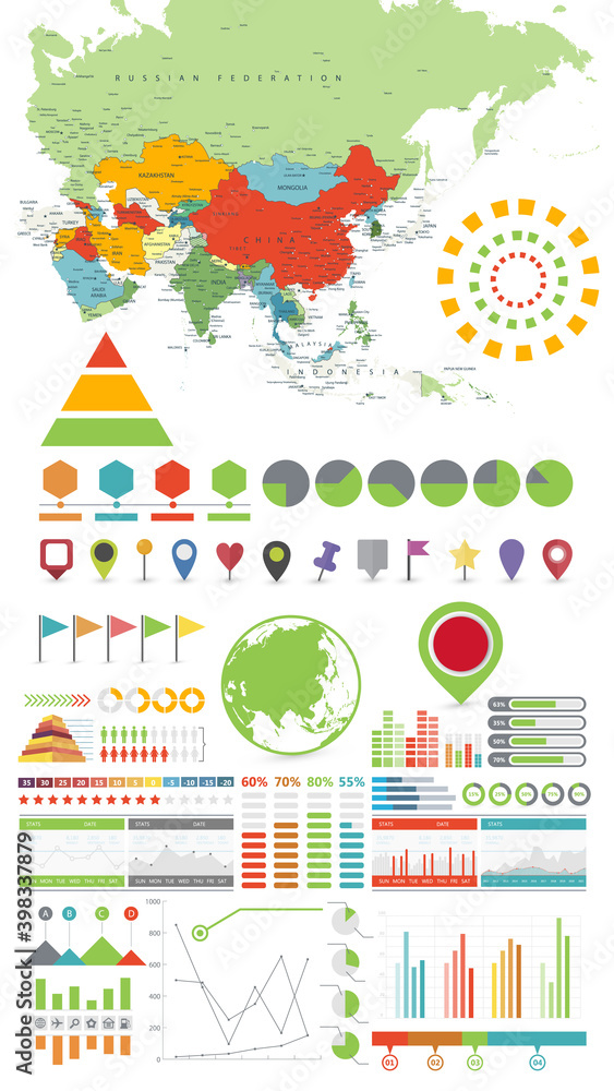 Asia map and Infographics design elements 2. On white