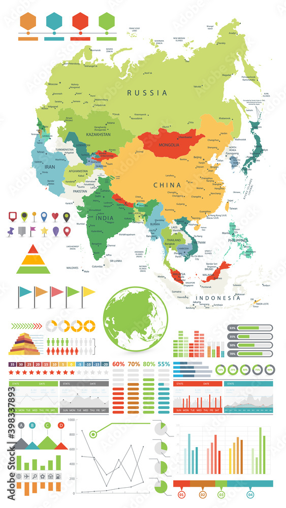 Asia map and Infographics design elements. On white