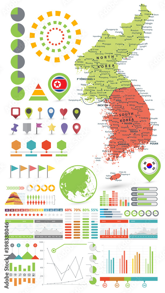 Korean Peninsula map and Infographics design elements. On white