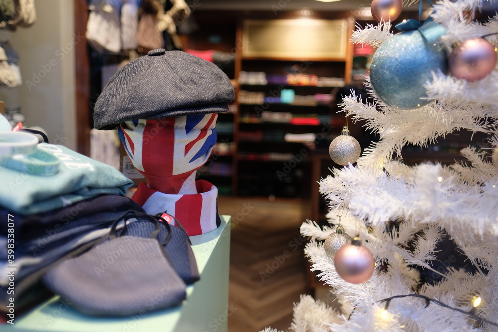 Cambridge UK December 2020 Facemask with the UK flag union jack for sale in a local shop