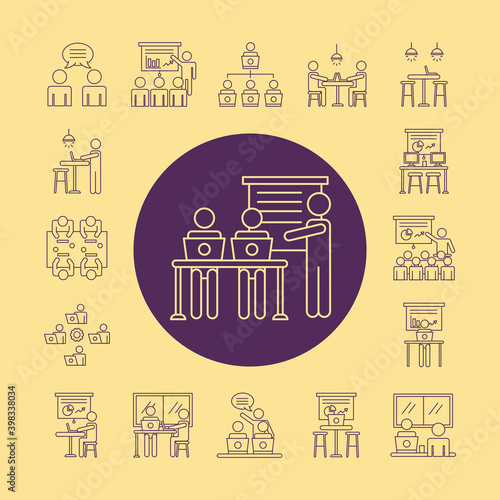 bundle of workers avatars coworking line style icons in yellow background