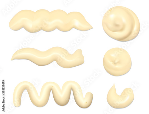 Mayonnaise sauce drops. Collection of realistic cheese sauce smears. Vector illustration of cream yogurt texture blobs isolated on white background