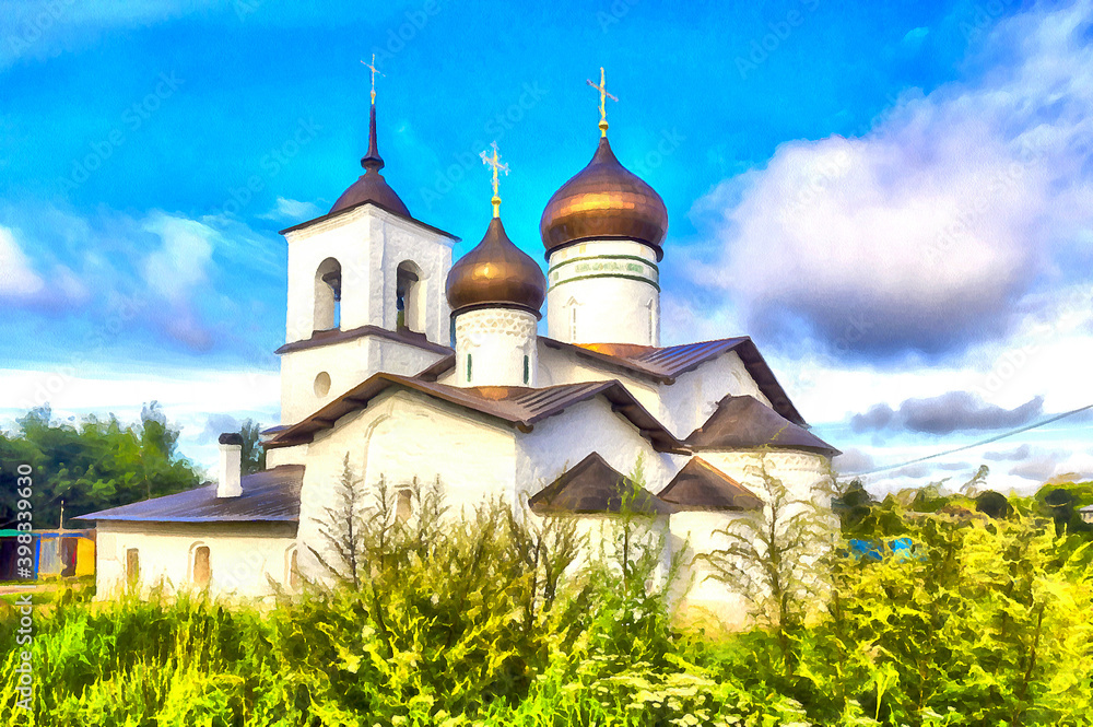 View on old orthodox church building colorful painting looks like picture, Pskov, Russia.