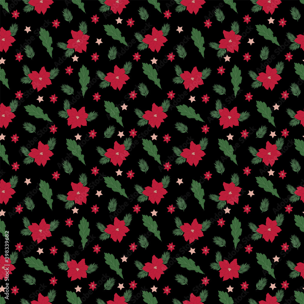 vector seamless Christmas pattern with red flowers and green twigs
