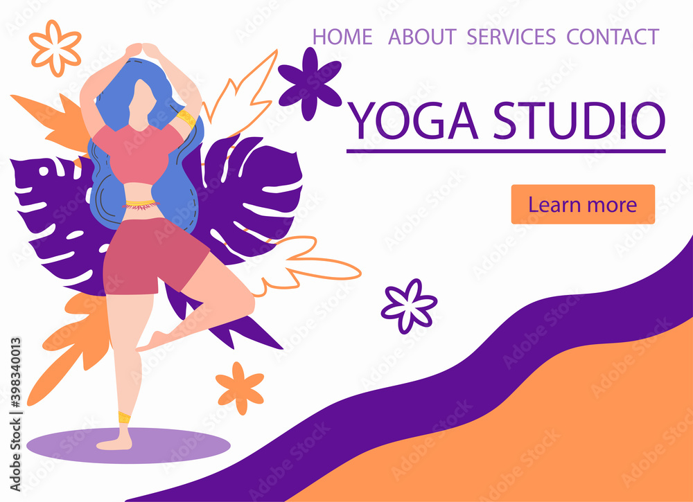 Website banner design for Yoga studio promotion with Learn more button. Yogi woman meditating