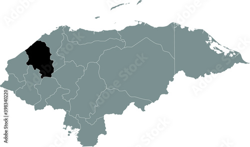 Black location map of the Honduran Santa Bárbara department inside gray map of Honduras
