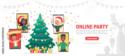 Virtual online party landing page. People meeting online together with family or friends via video calling on laptop and celebrating New Year, Christmas. Vector cartoon flat illustration 