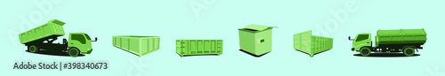 set of dumpster truck cartoon icon design template with various models. vector illustration isolated on blue background