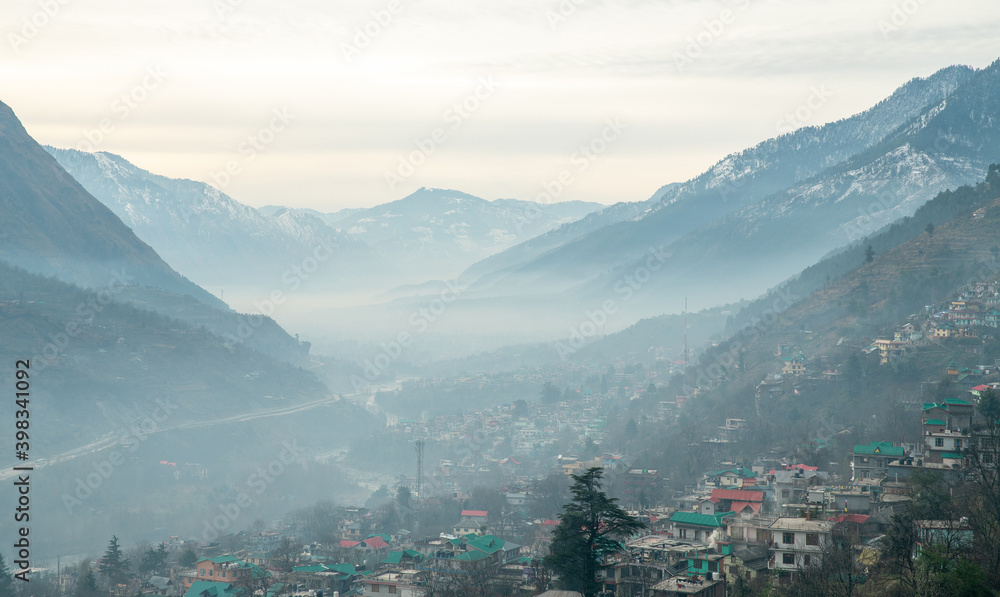 Kullu  valley  and the river Beas ( and town Kullu)- fog in valley in Himachal Pradesh state