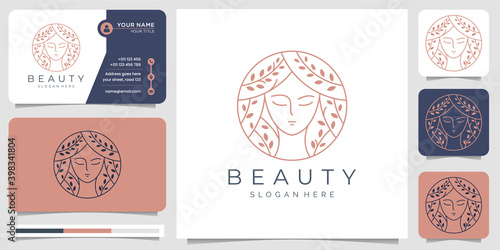 Beauty women nature logo design inspiration and business card.beauty, skin care, salons, spa,hair style,circle,elegant minimalist. with line art style .Premium Vector
