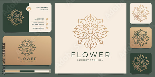 Minimalist abstract flower rose luxury beauty salon, fashion, skincare, cosmetic, yoga and spa products with business card . Premium Vector