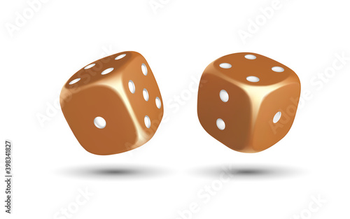 Dice. Composition of two dices on a white background. Gold dice. Casino. 3d effect Vector illustration.