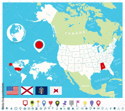Location of Alabama on USA map with flags and map icons