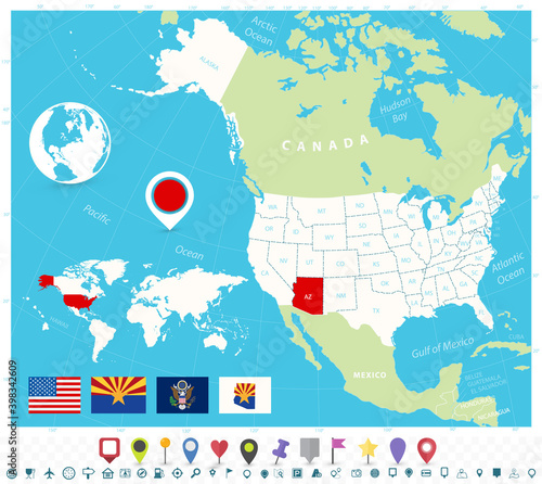 Location of Arizona on USA map with flags and map icons