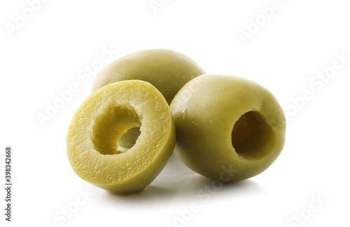 .Pitted olives on white background
