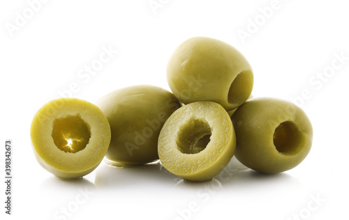 .Pitted olives on white background