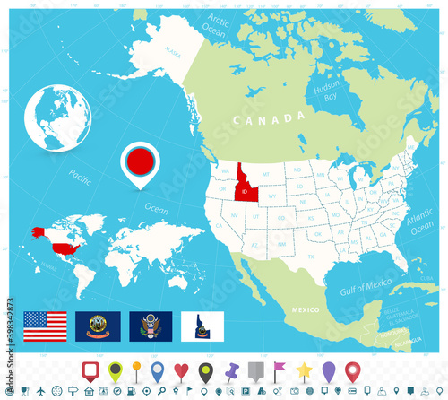 Location of Idaho on USA map with flags and map icons