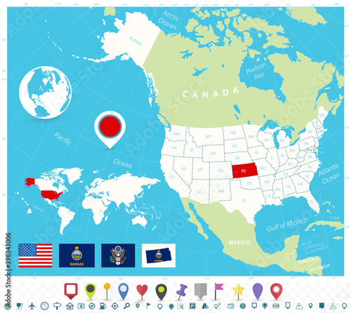 Location of Kansas on USA map with flags and map icons