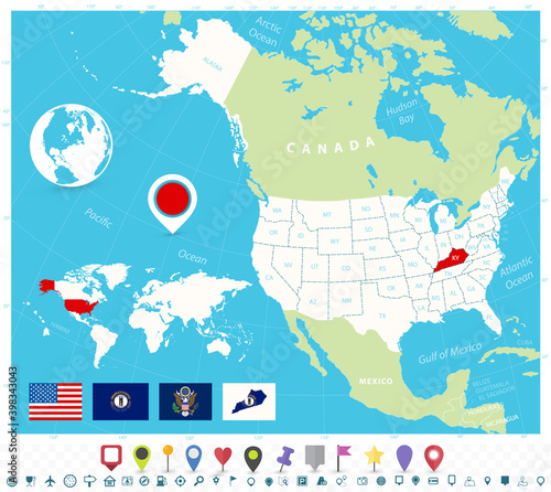 Location of Kentucky on USA map with flags and map icons