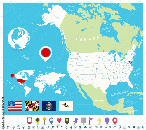 Location of Maryland on USA map with flags and map icons