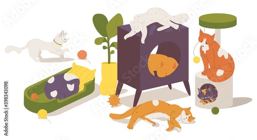 Various cat sleeping and playing. Furniture and bed for small dogs or kitten. Isolated on white background cartoon illustration
