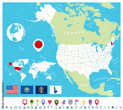 Location of New Hampshire on USA map with flags and map icons