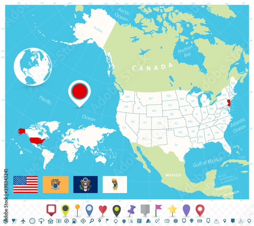 Location of New Jersey on USA map with flags and map icons