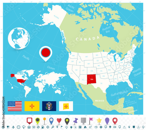 Location of New Mexico on USA map with flags and map icons