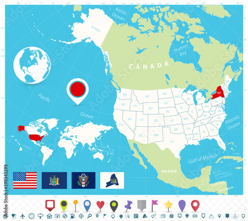 Location of New York on USA map with flags and map icons