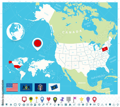 Location of Pennsylvania on USA map with flags and map icons