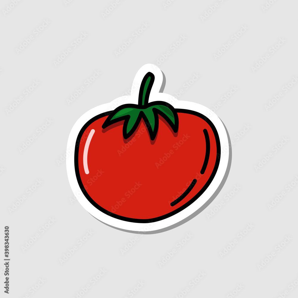 Vector tomato sticker in cartoon style. Isolated vegetable with shadow. Flat simple icon with black lines. Vector tomato sticker in cartoon style. Isolated vegetable with shadow. Flat simple icon with black lines.