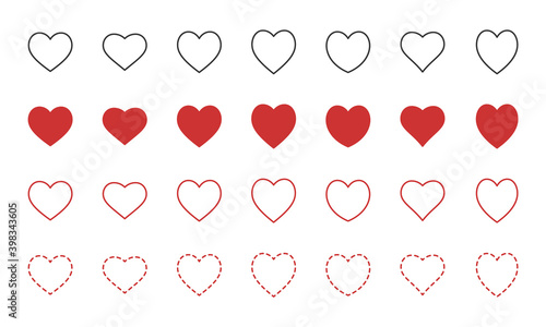 Vector heart icons. Editable stroke. Black and red heart filled dashed line symbol. Valentine's day wedding love. Stock illustration on white background