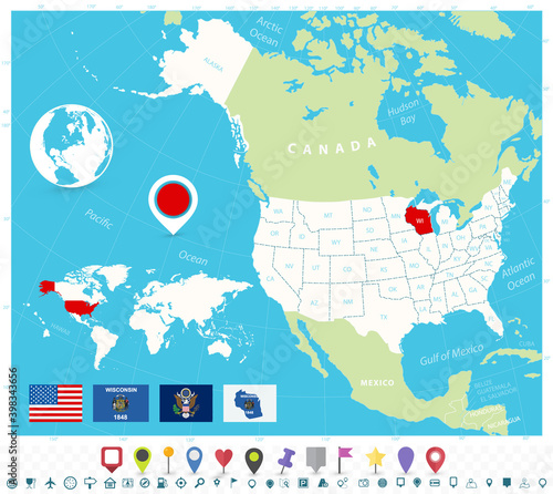 Location of Wisconsin on USA map with flags and map icons