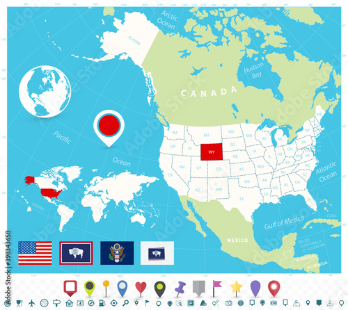 Location of Wyoming on USA map with flags and map icons