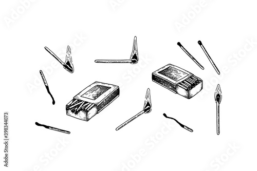 Set of hand drawn matches isolated on white background. Vector illustration in sketch style