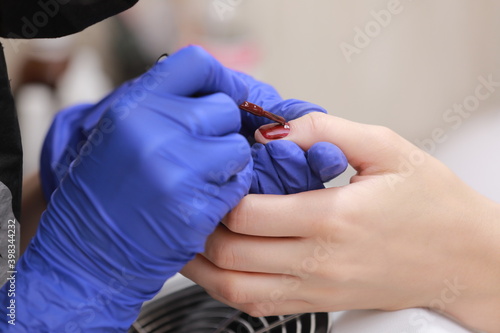 Master in protective gloves during a manicure at beauty salon. Master manicurist varnishes the marsala gel on the nails of a female client. The concept of beauty and health.