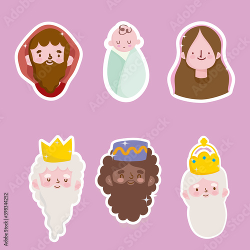 Leinwand Poster happy epiphany, three wise kings mary jospeg and baby jesus faces stickers
