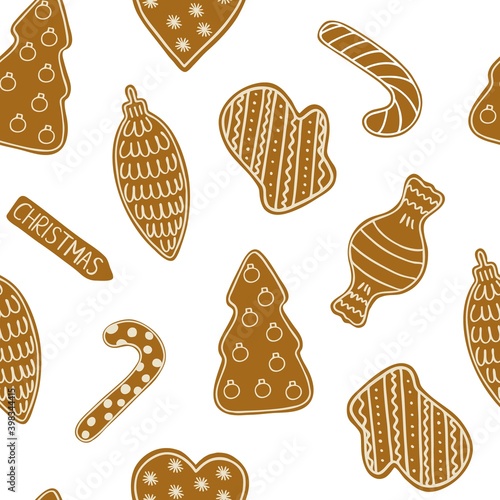 Christmas gingerbread cookies traditional holiday celebration repeat pattern hand drawn in doodle style decorated with sugar icing winter sweet food for greeting card, invitations, textile