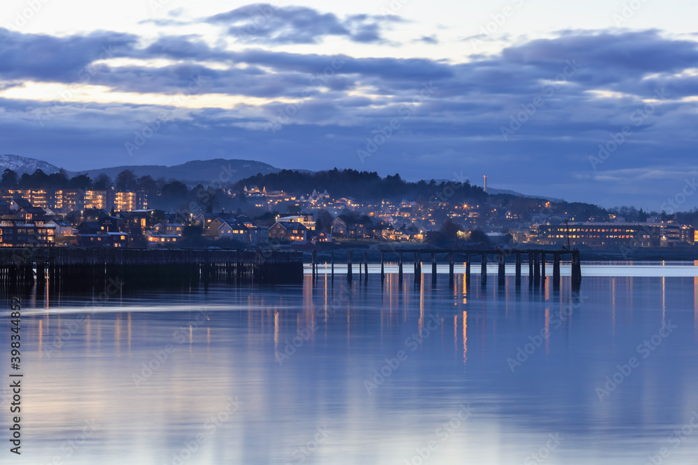 Evening panoramic scene of Trondheim city and fjord from Ranheim. Trondheim, Norway
