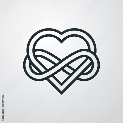 Símbolo de amor eterno. Logotipo con corazón y símbolo infinito enlazados con lineas en fondo gris