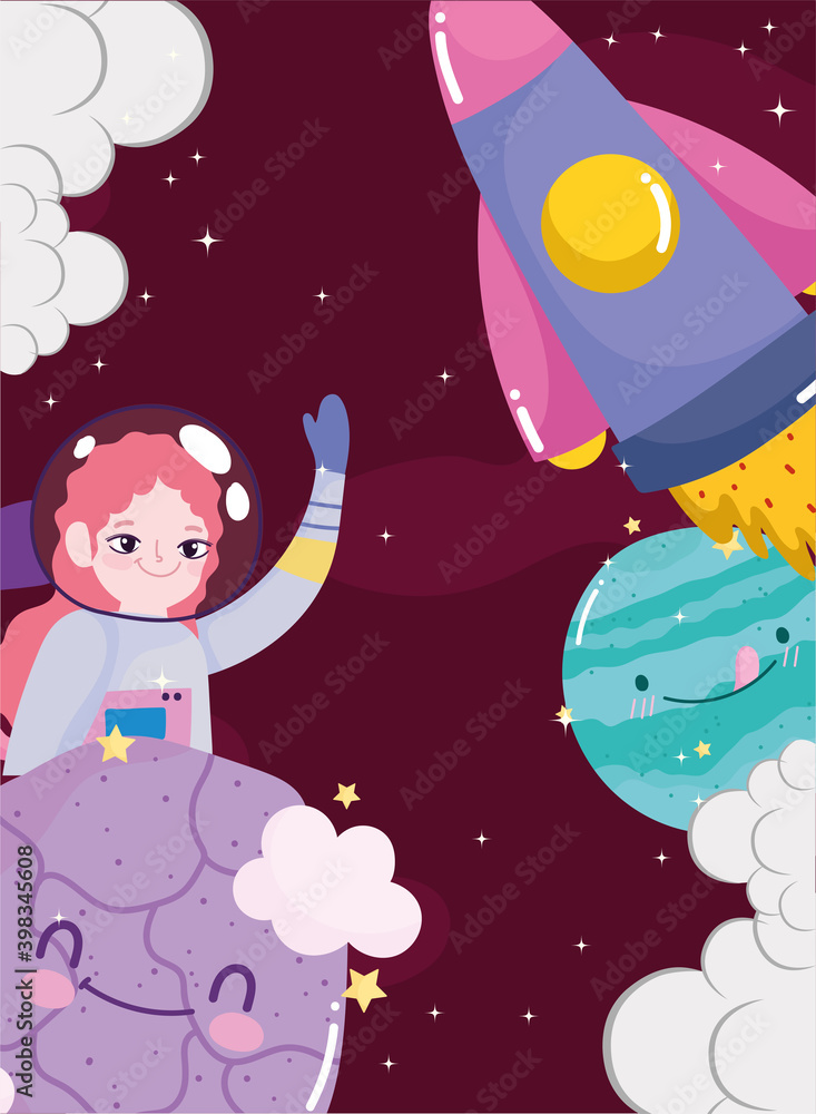 space astronaut girl adventure ufo planets cute cartoon