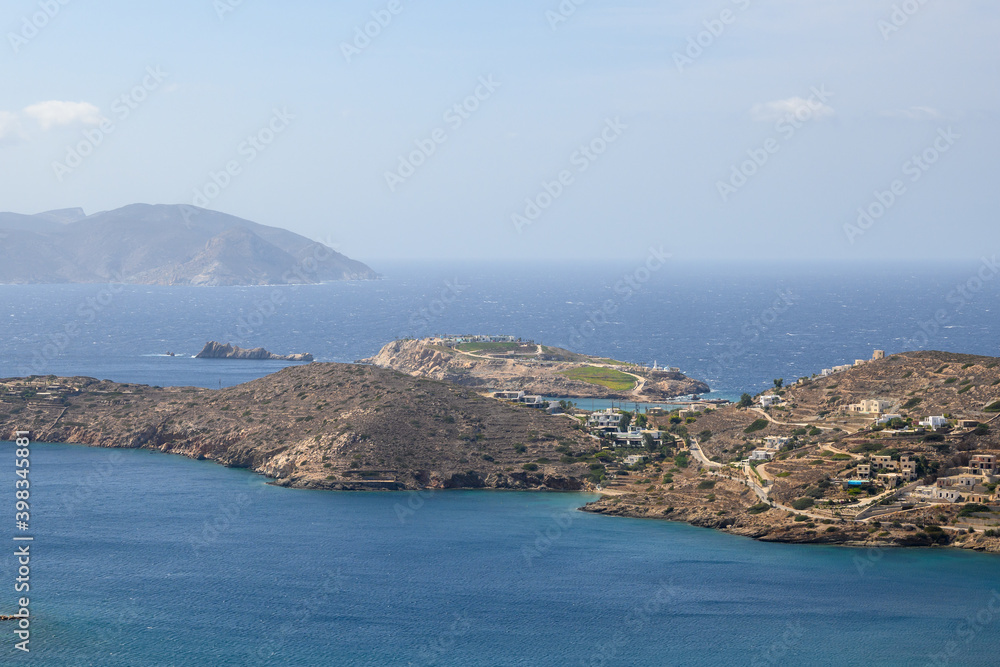 View of the bay and northern coast of Ios Island. Cyclades, Greece