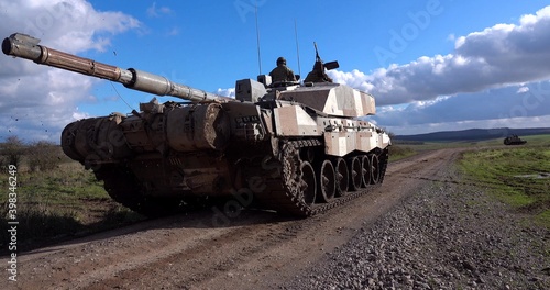 British army FV4034 challenger 2 ii Berlin Brigade Urban Camo main battle tank in action on a combat exercise, Wiltshire UK