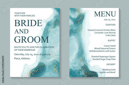 Modern abstract luxury wedding invitation design or card templates for birthday greeting or certificate or cover with blue watercolor waves or fluid art in alcohol ink style with gold on a white.
