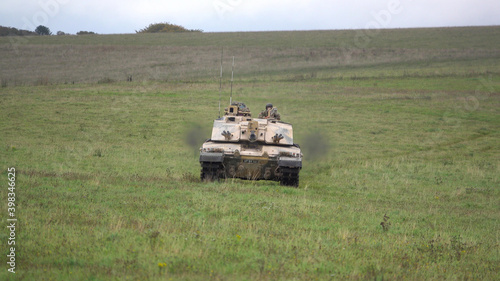 Action shot of a British army Challenger 2 FV4034 main battle tank on military exercise, Salisbury Plain UK photo