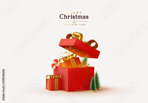 Christmas and New Year design. Realistic red gifts boxes. Open gift box full of decorative festive object. Holiday banner, web poster, flyer, stylish brochure, greeting card, cover. Xmas background