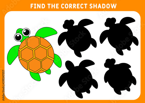Find the correct shadow educational game for kids. little sea turtle. game for children. Preschool worksheet. Vector illustration