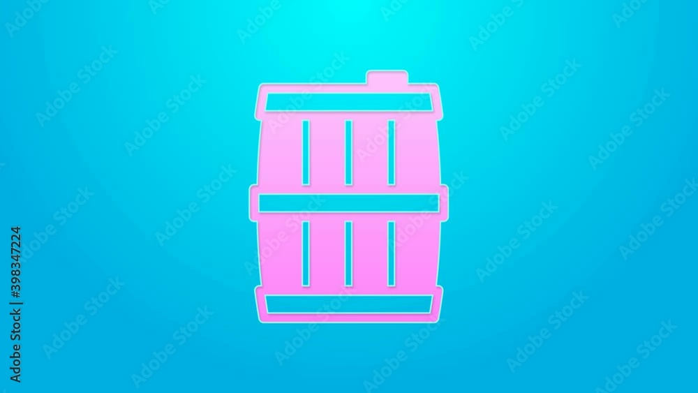 Pink line Wooden barrel icon isolated on blue background. Alcohol barrel, drink container, wooden keg for beer, whiskey, wine. 4K Video motion graphic animation Pink line Wooden barrel icon isolated on blue background. Alcohol barrel, drink container, wooden keg for beer, whiskey, wine. 4K Video motion graphic animation