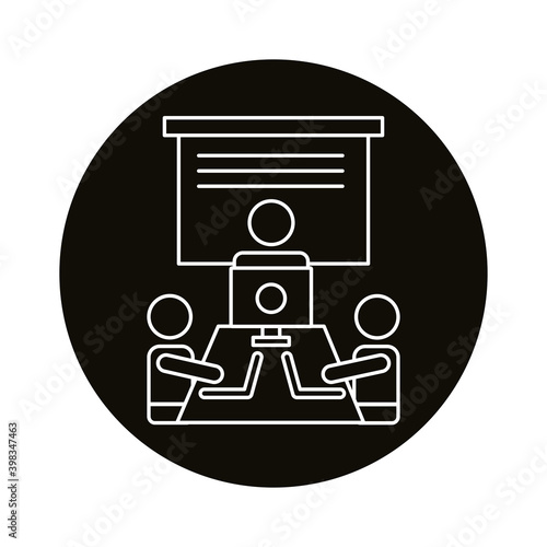 three workers with laptops and desktop coworking line style icon