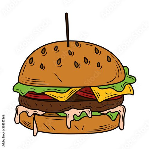 burger with toothpick and delicious ingredients lettuce sauce cheese and tomato